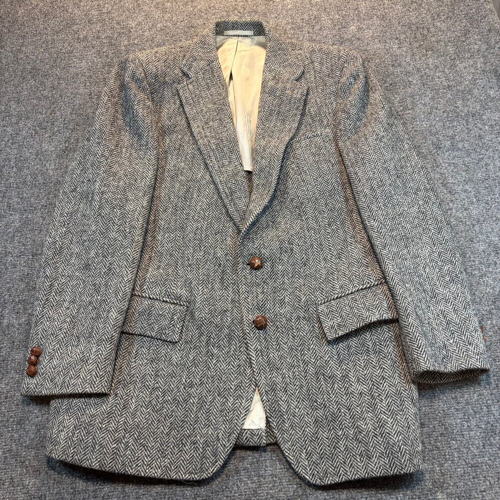 Harris Tweed Sport Coat Mens 48R Gray Herringbone Pure Wool Scottish Blazer